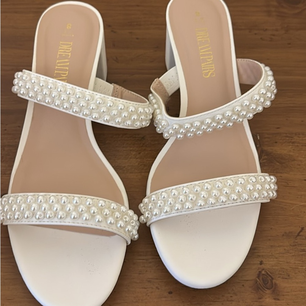 Dream Pairs White Pearl-Embellished Block Heel Sandals